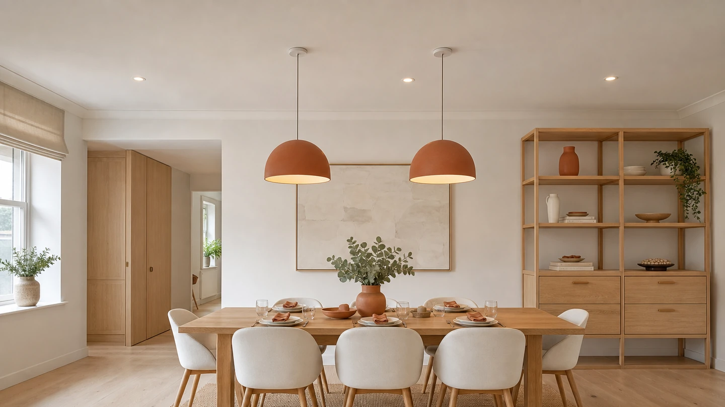 A dining room: an oak table laid for six, white shell chairs, two dome pendant lights.