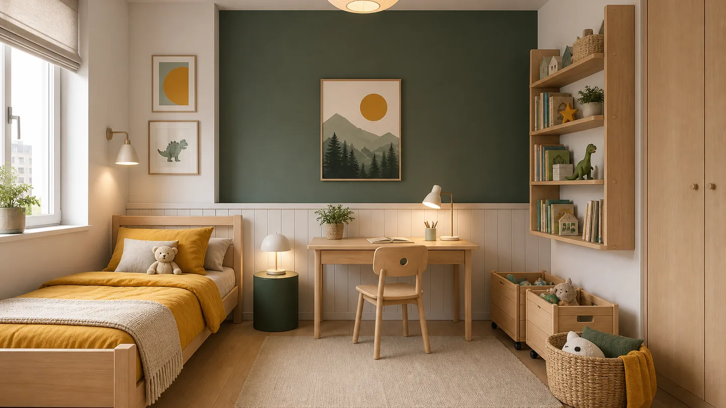 A child&rsquo;s bedroom: a wooden single bed, a desk and chair, a bookshelf, a rocking horse.