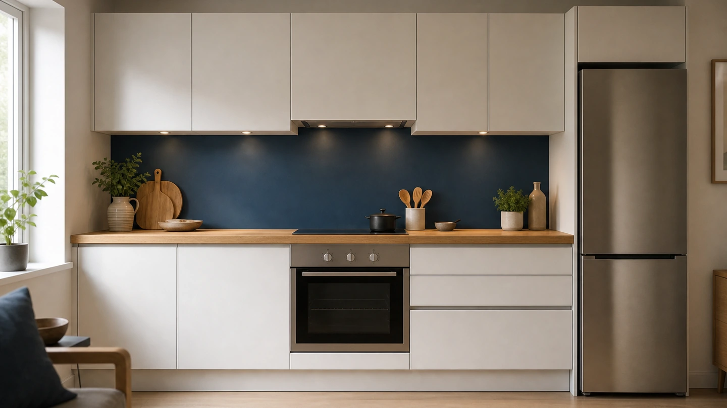 A white galley kitchen, wooden worktop, built-in oven and stainless steel fridge.