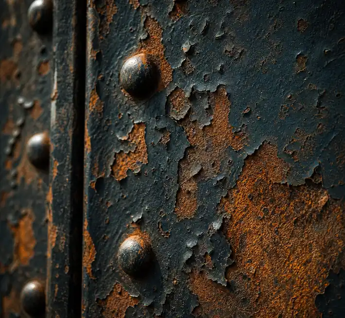 Riveted steel plate in close-up, orange rust breaking through flaking dark paint.