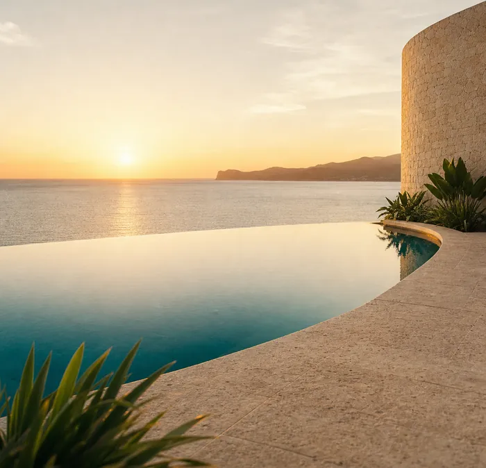 An infinity pool whose lip merges with the sea, at sunset