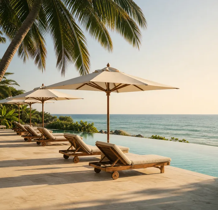 Teak loungers under wide unbleached parasols, at the edge of a turquoise pool