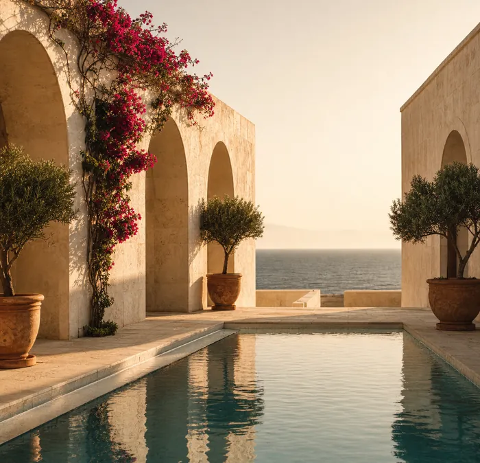 A patio of whitewashed arches around a mirror pool, a bougainvillea in flower