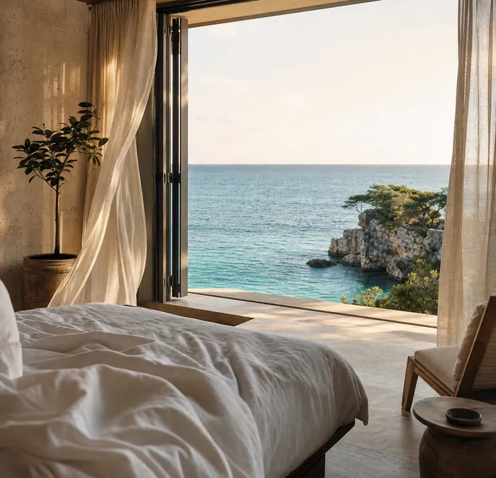 A bedroom open to the sea, linen curtains lifted by the breeze