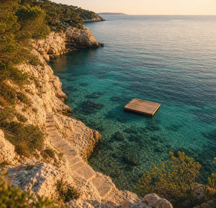 A stone staircase going down to a turquoise cove, seen from the cliff