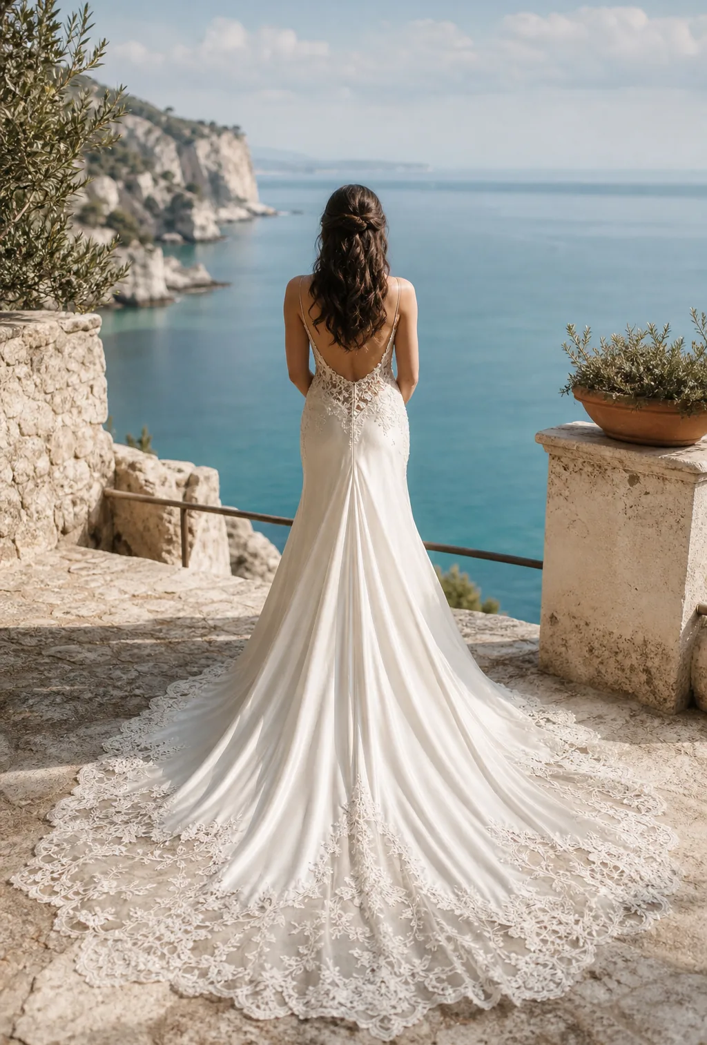 A bride seen from behind on a stone terrace, facing the sea.