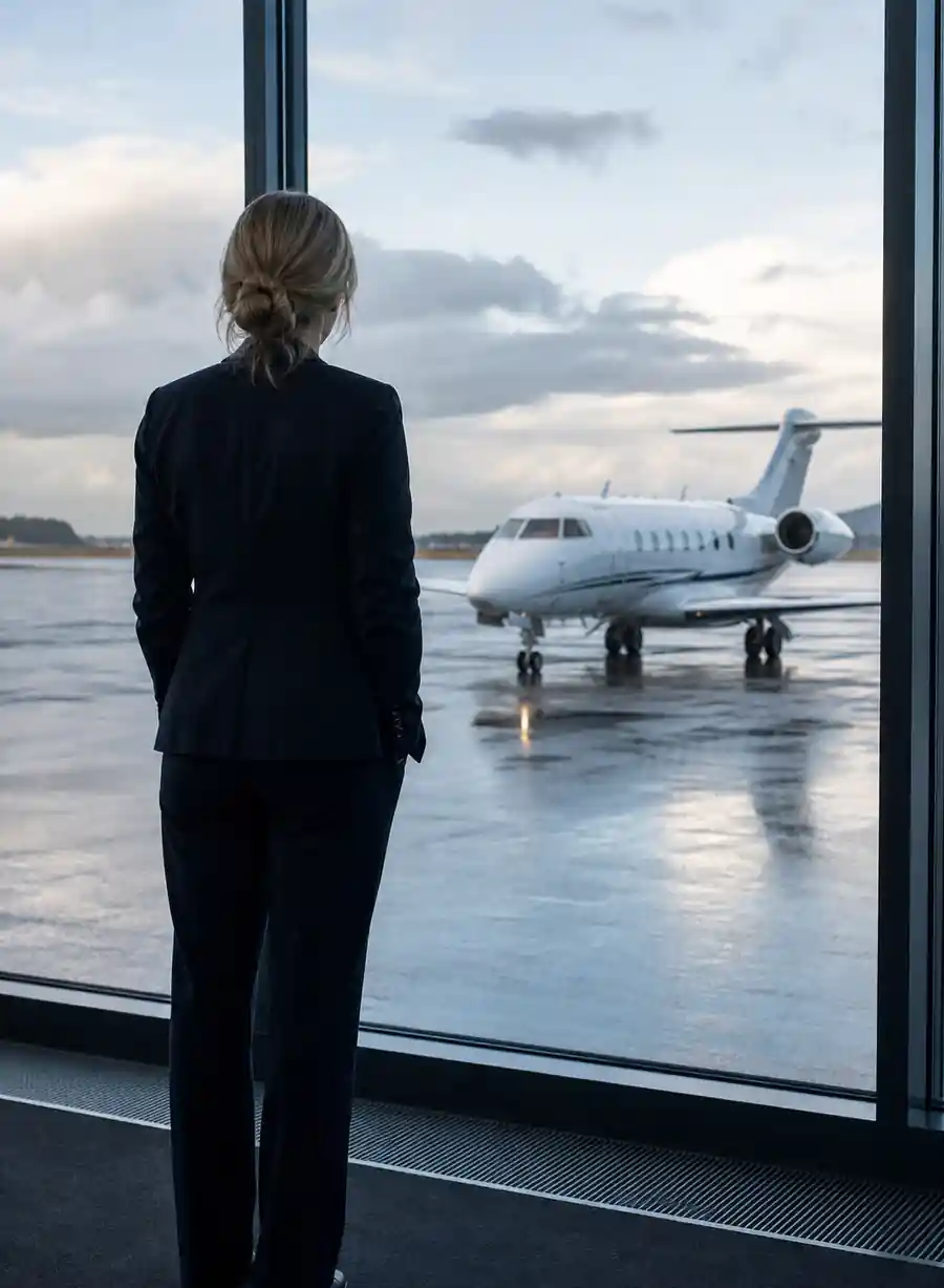 A member of staff looking out over the apron from the private terminal