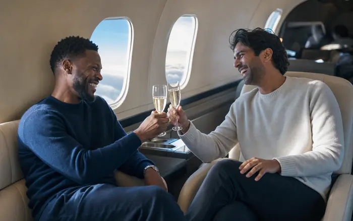 Two passengers with a drink on board