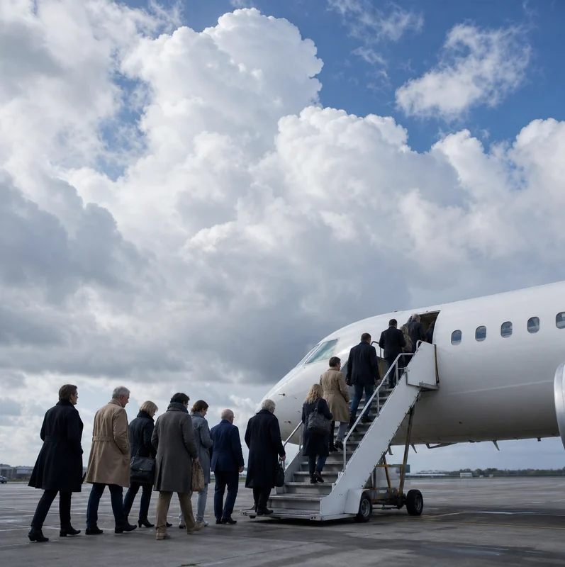 Passengers boarding by mobile air stairs