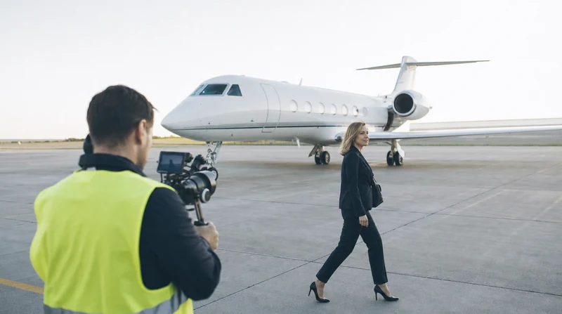 A camera operator filming a business traveller on the apron
