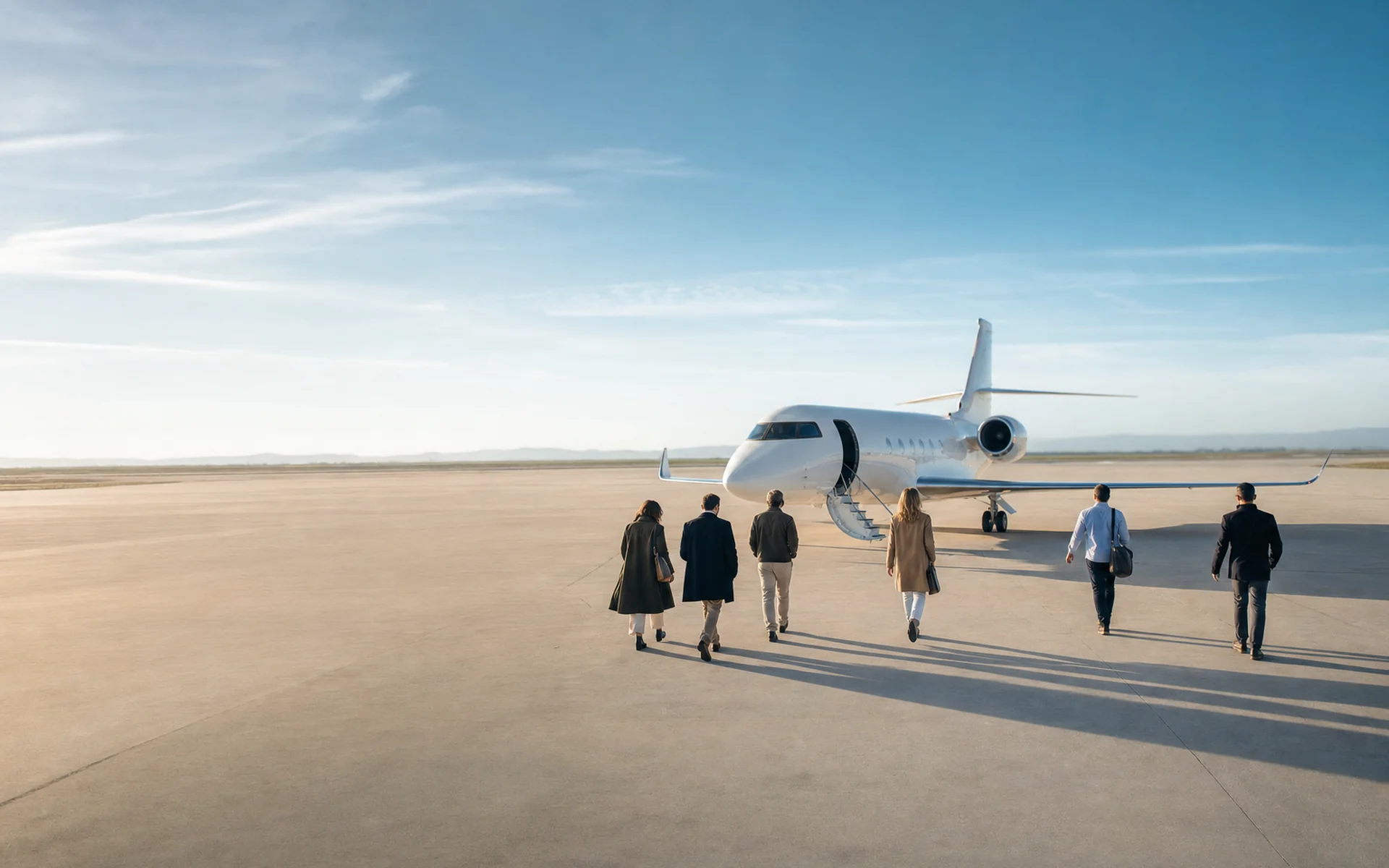 Travellers walking across the apron to their private jet