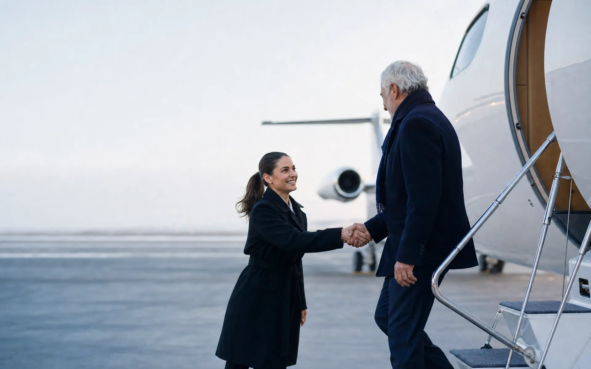 A member of staff welcoming a passenger at the aircraft