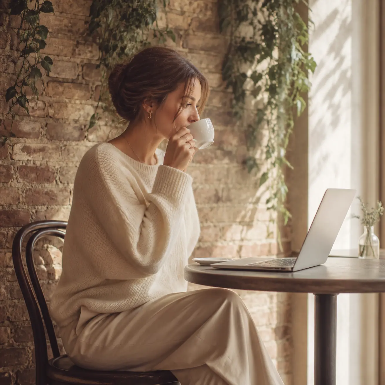 A woman drinking coffee at a café table beside an open laptop.