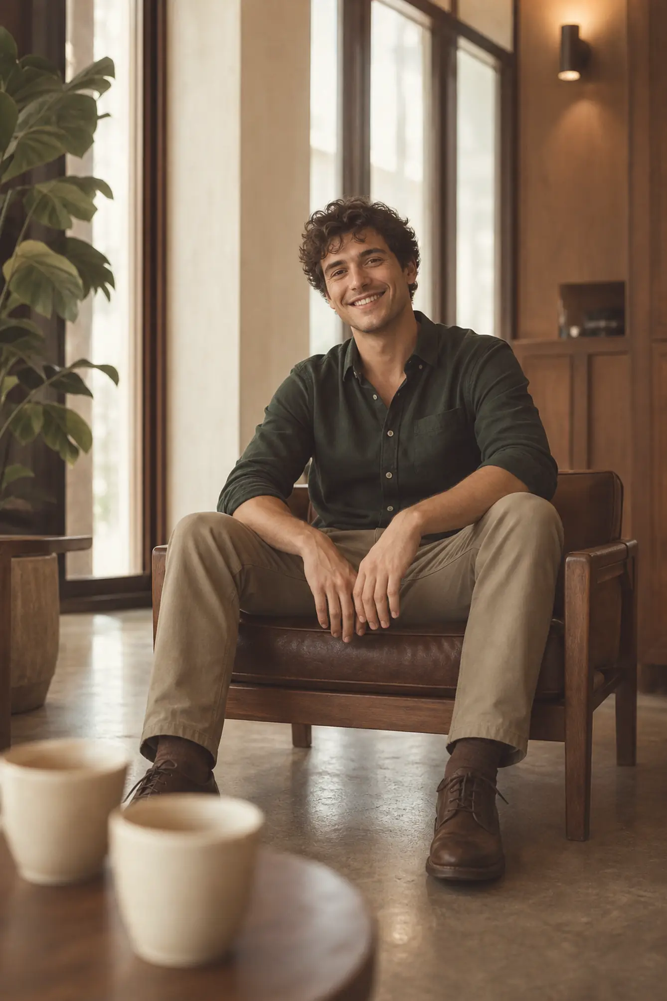 A man sitting in a café armchair, smiling.