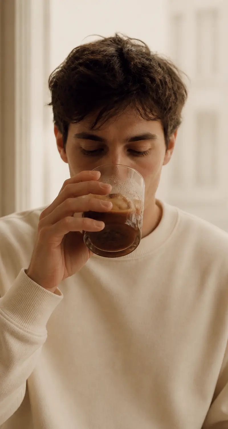 A man drinking iced coffee from a heavy glass tumbler.