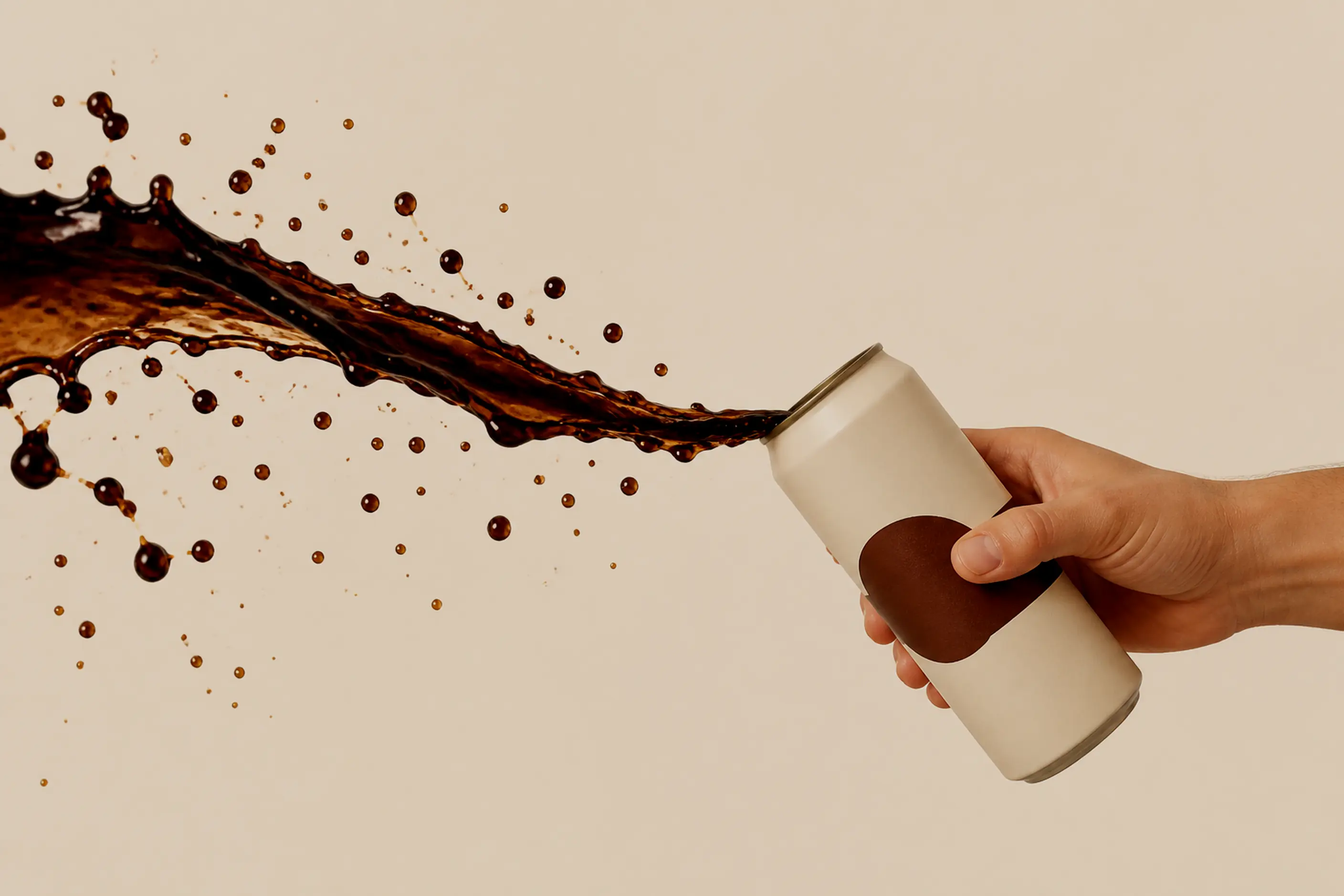 A hand tipping a can of cold brew, coffee arcing out of it.