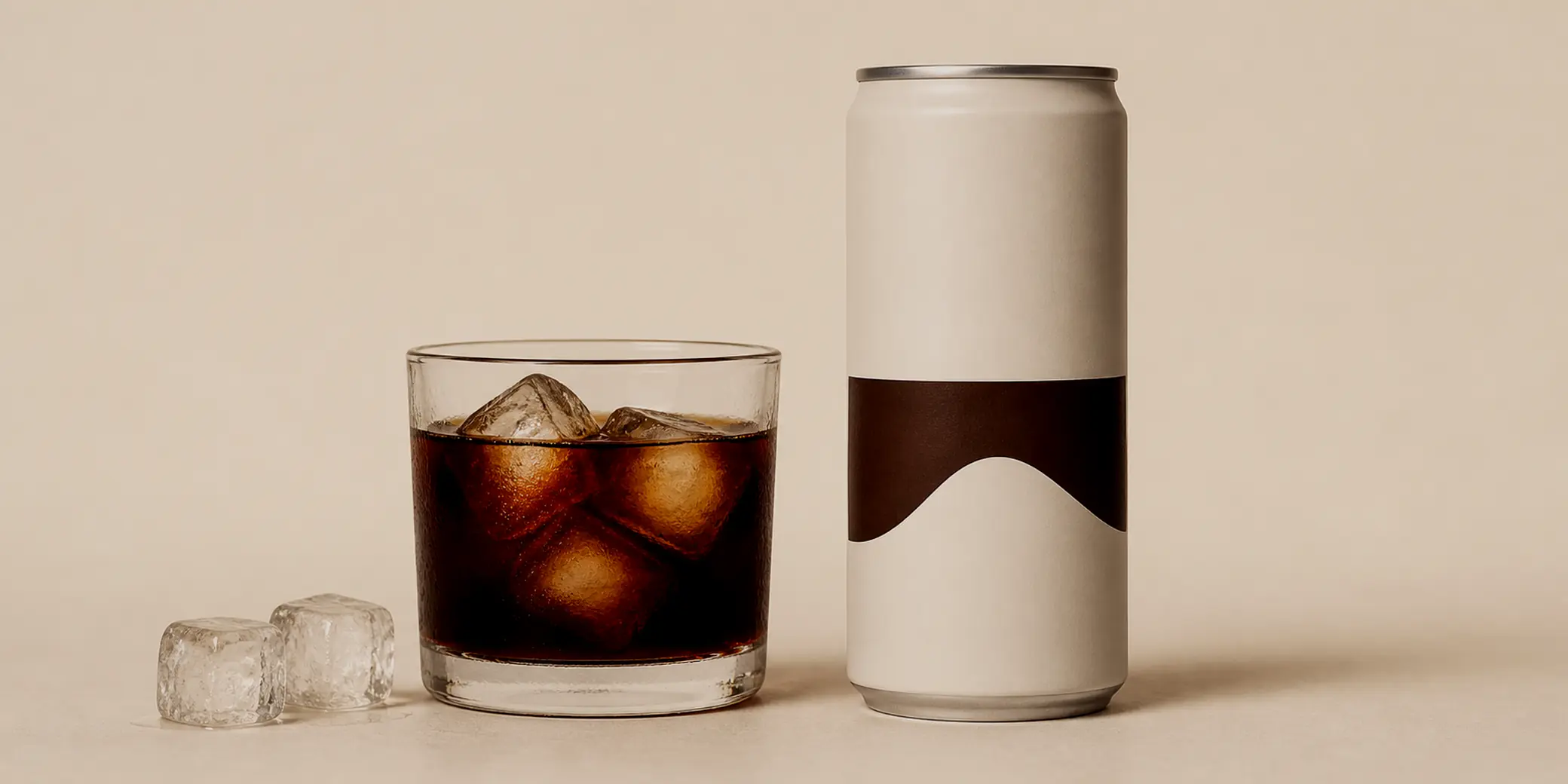 A can of cold brew standing next to a tumbler of iced coffee.