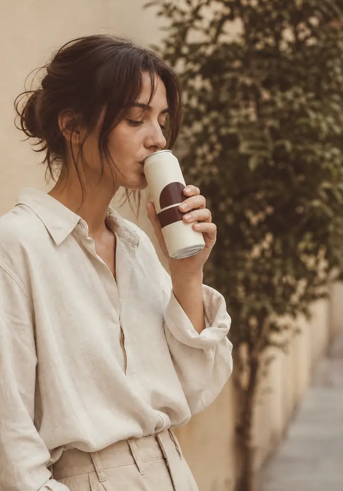 A woman drinking cold brew straight from the can.