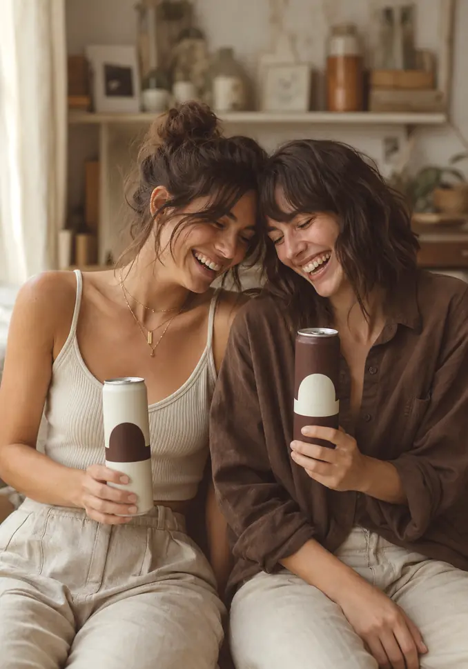 Two friends laughing, each holding a can of cold brew.