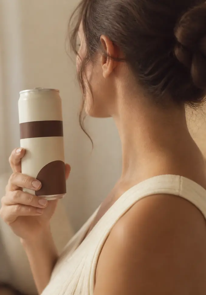 A person holding a can of cold brew, turned away from the camera.