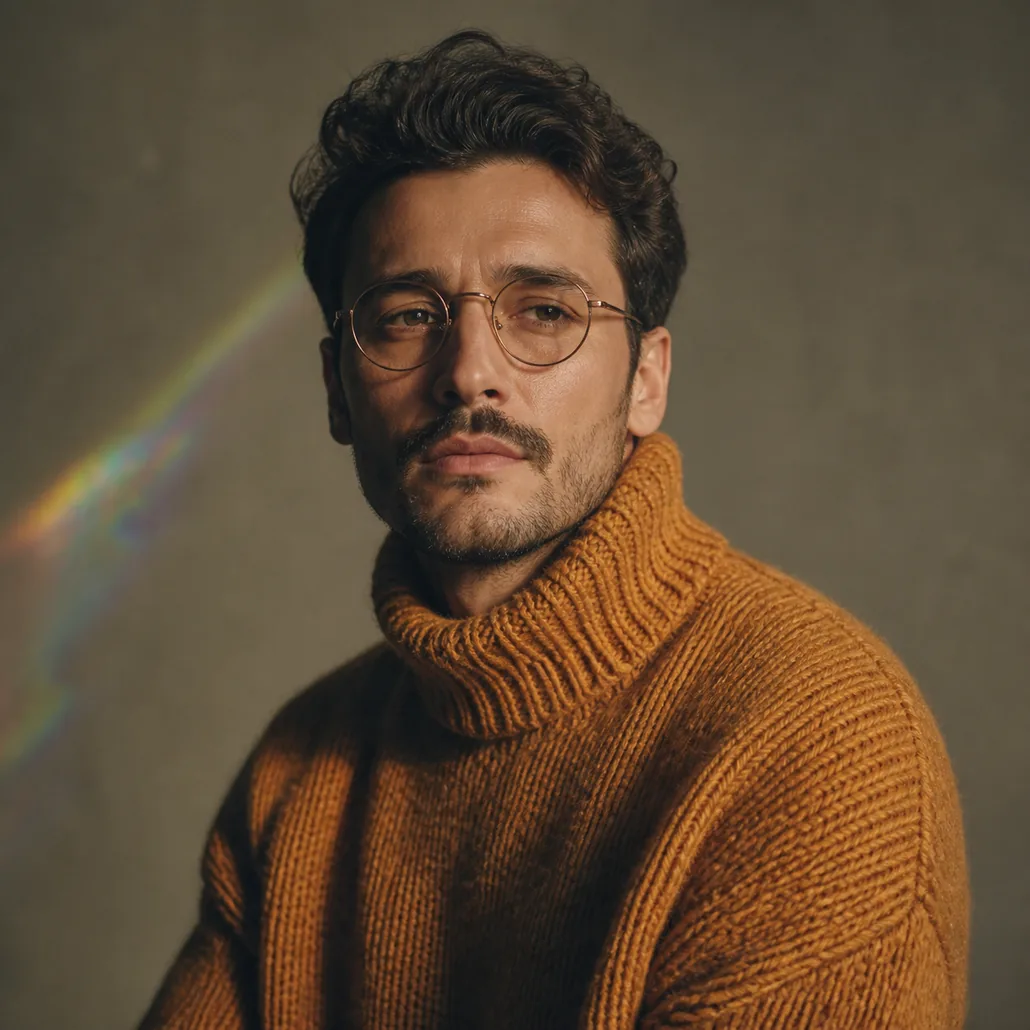 A studio portrait of the founder in a heavy roll-neck sweater
