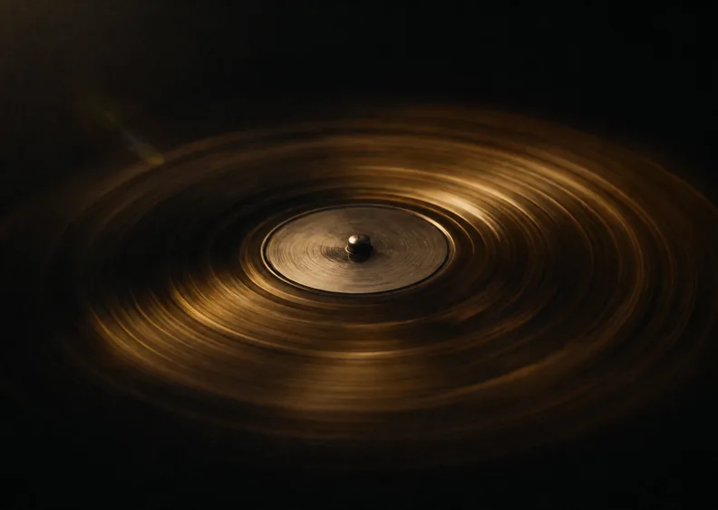 A spinning disc frozen mid-rotation, its edge drawn into amber trails