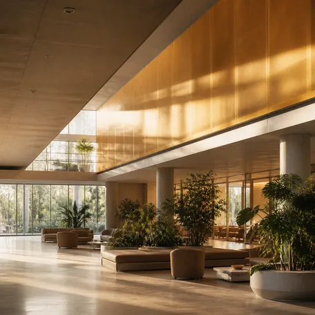 A sunlit office atrium with an amber wall along the upper floor