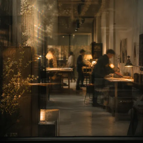A studio interior seen through glass, the people inside blurred by movement