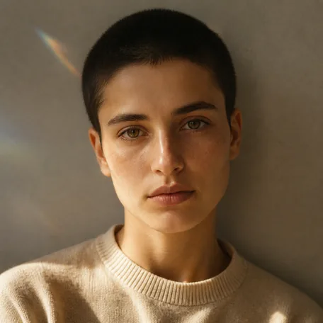 A close portrait against a flat warm grey wall