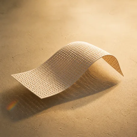 A sheet of pale perforated material curving above its own shadow