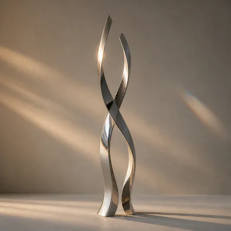 Two polished metal ribbons standing upright and twisting around each other
