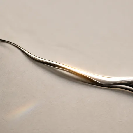 A band of liquid chrome sweeping across an almost white field