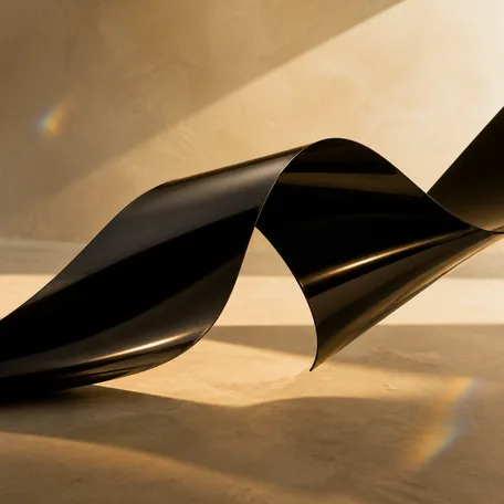 A glossy black ribbon folding over itself against a pale background