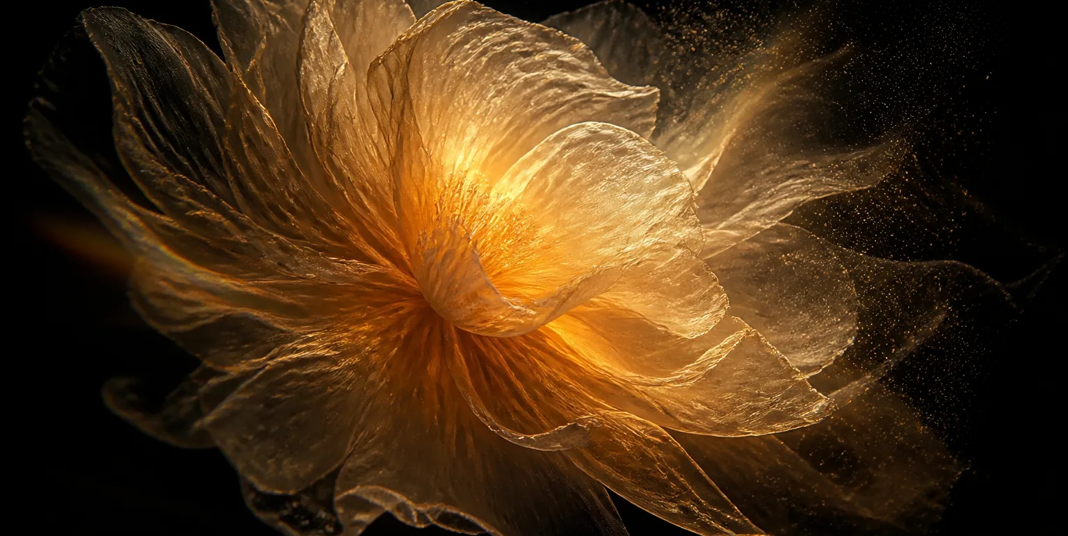 An amber bloom of translucent petals unfolding in the dark