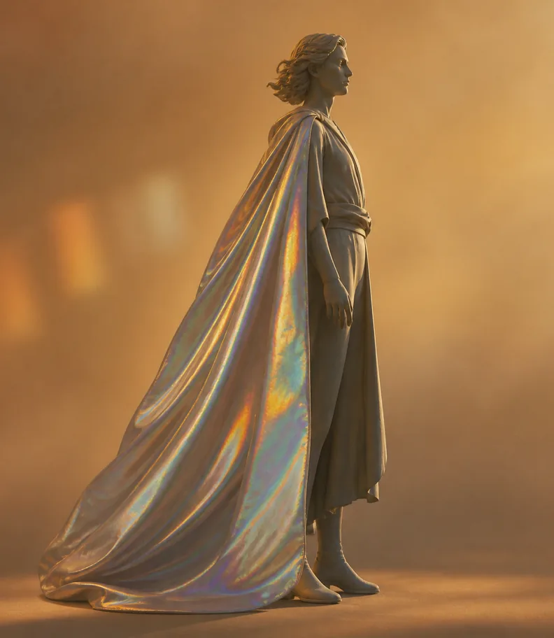 A stylised figure wearing a cape with iridescent folds