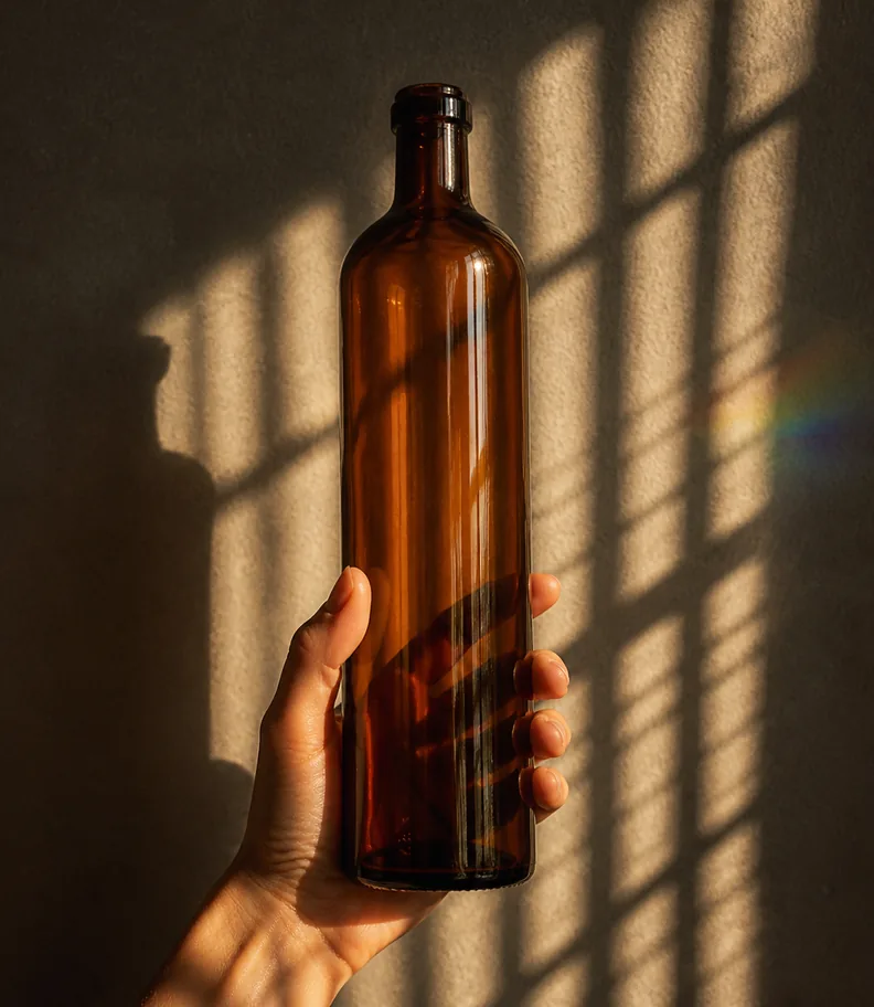 A hand holding a tall amber bottle under hard striped shadows