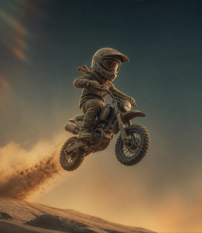 A stylised rider mid-jump on a small motorbike, dust trailing behind