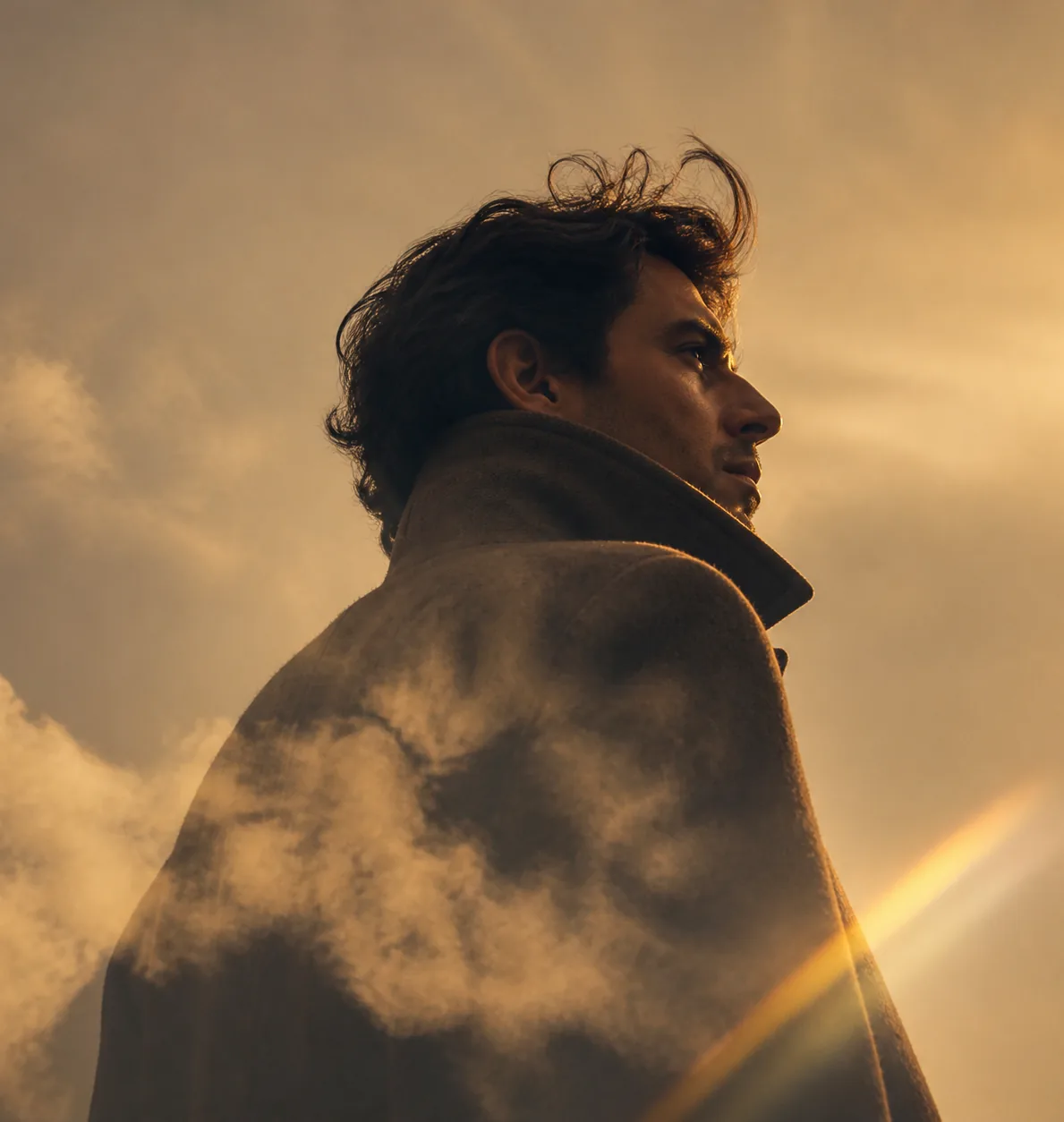 A figure in profile against an amber sky, clouds crossing the shoulder