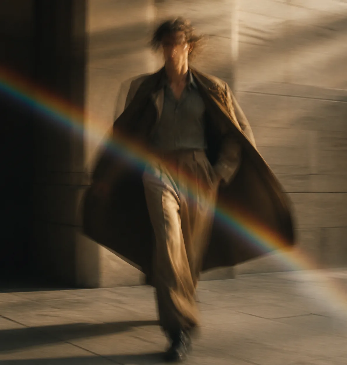 A striding figure blurred by movement under a prismatic flare