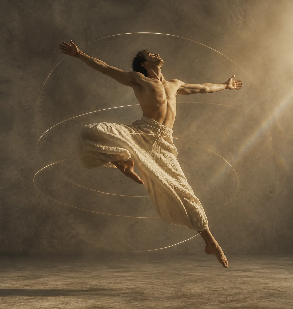 A dancer suspended in the air, rings of light drawn around the body