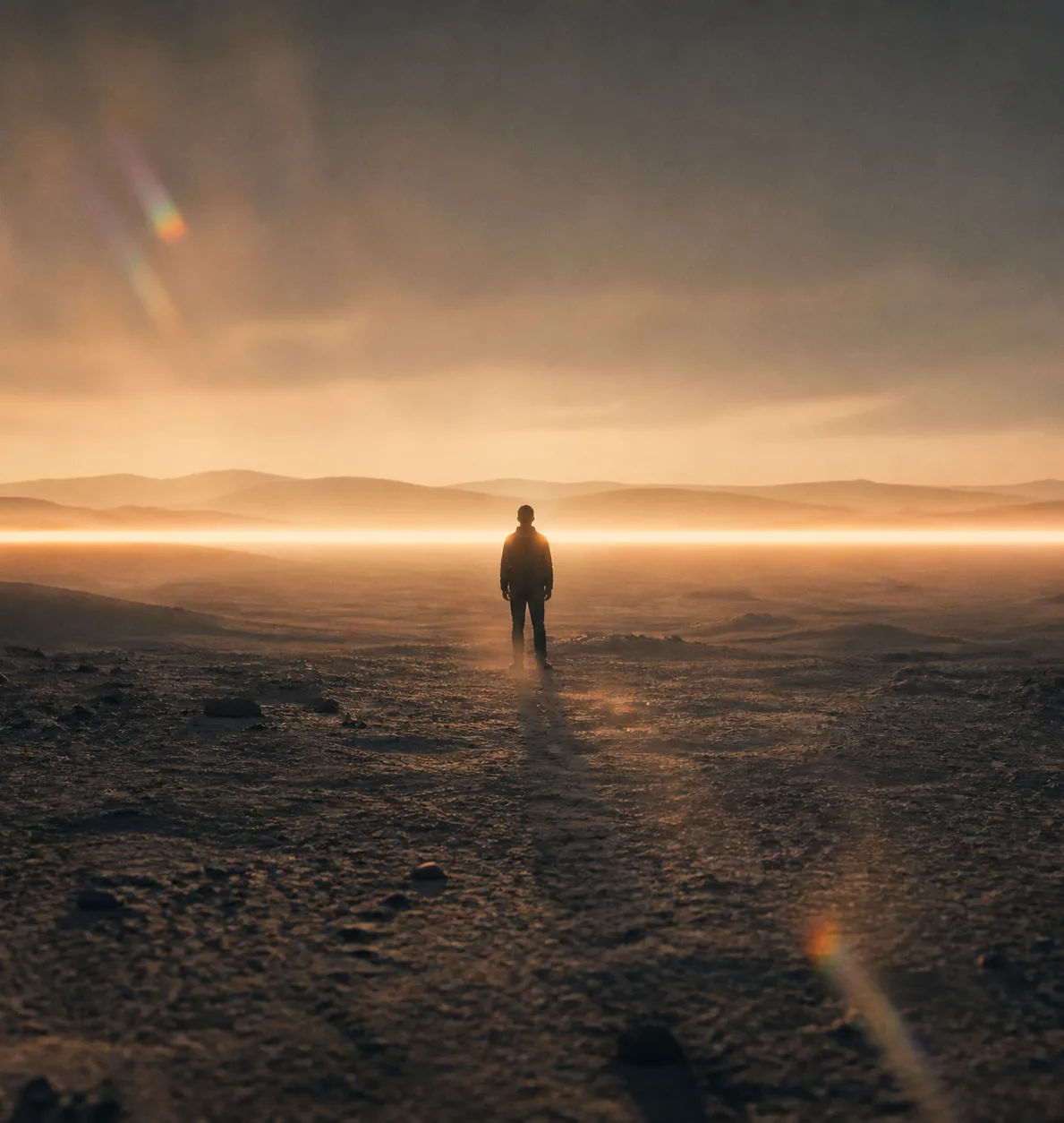 A distant figure with a streak of light crossing the horizon