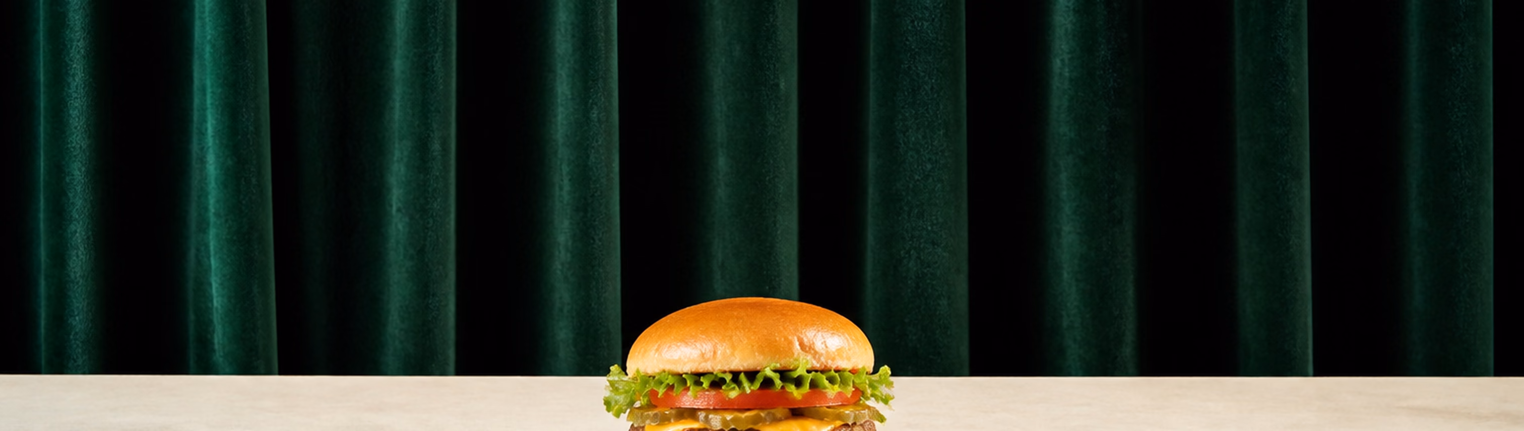 Cheeseburger with lettuce, tomato and pickles in front of a red curtain