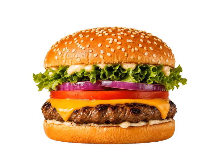 Classic cheeseburger with cheddar, lettuce, tomato and red onion