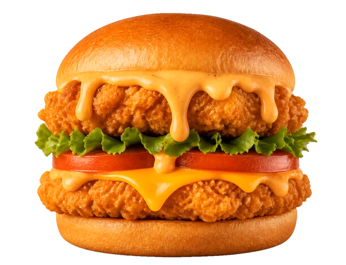 Double chicken burger with cheese sauce dripping from the bun