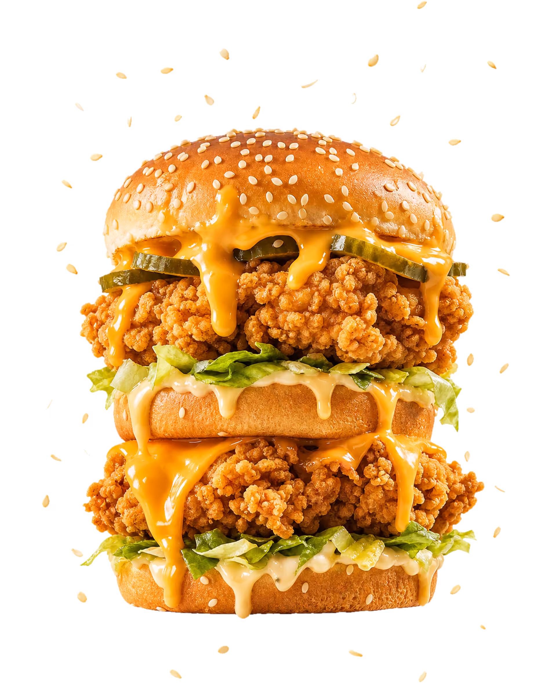 Chicken burger with dripping cheese and sesame seeds falling around it