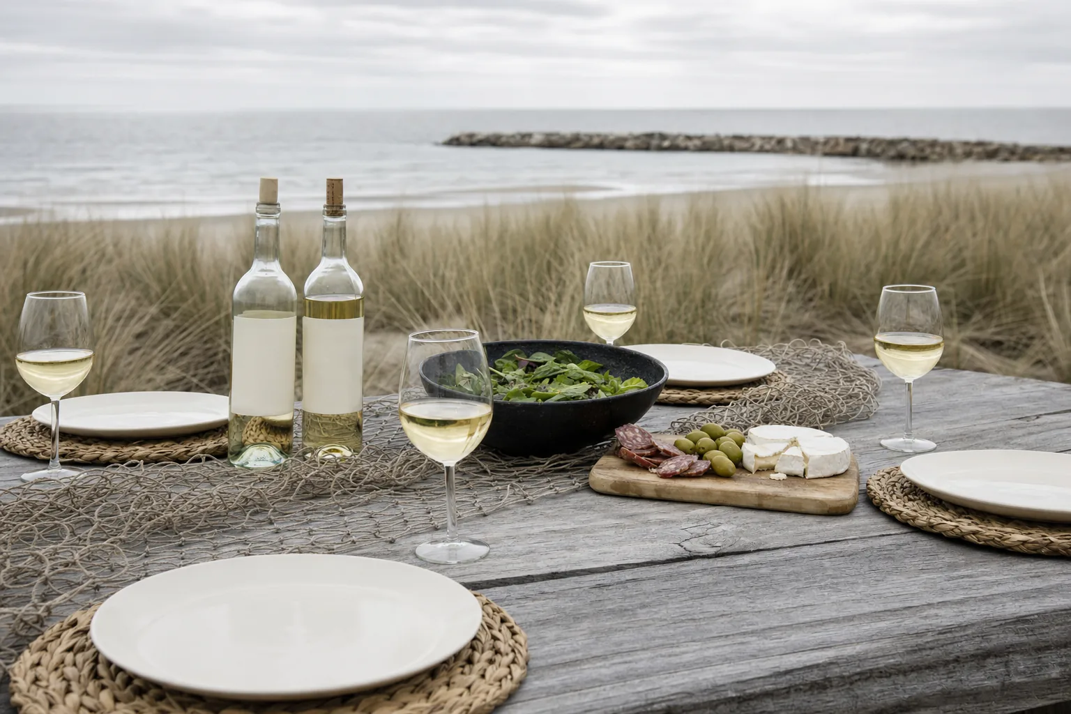 A table laid on the dunes above the beach, wine poured