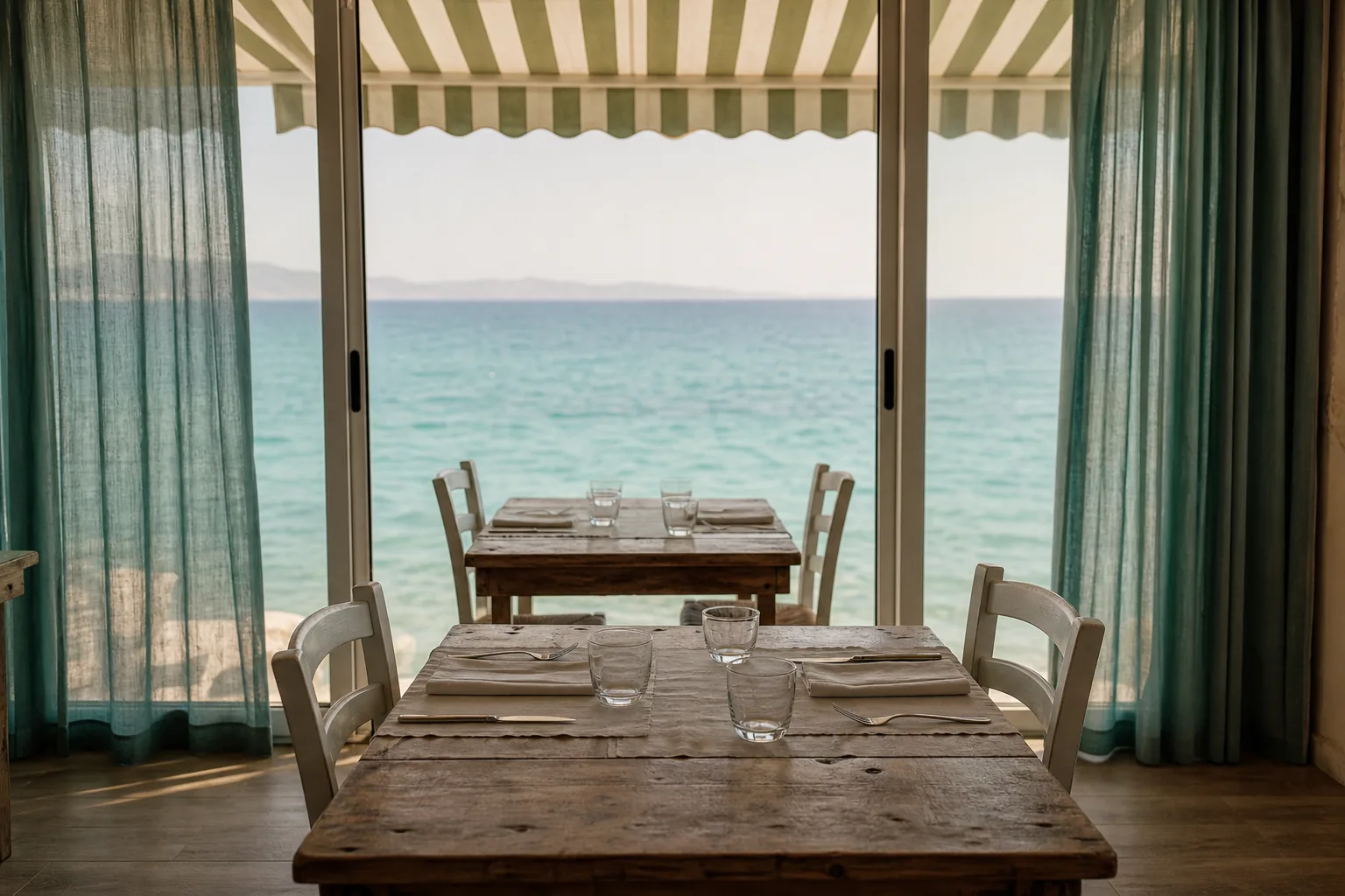 Tables laid inside a seaside dining room, the sea filling the window