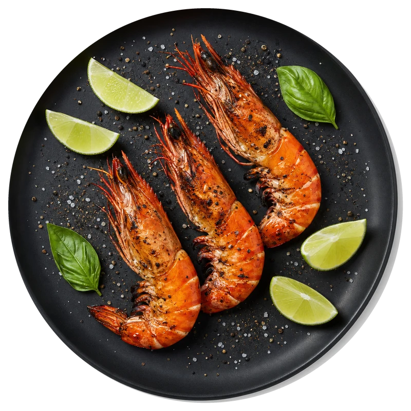 Grilled red prawns with lime and basil on a matte black plate