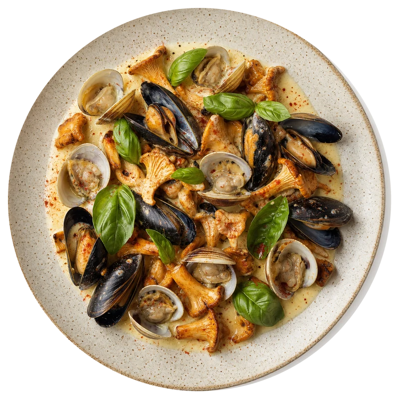 Clams and chanterelles in a cream broth on a speckled plate
