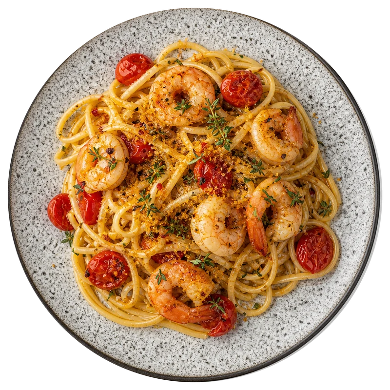 Linguine with prawns, tomatoes and bottarga